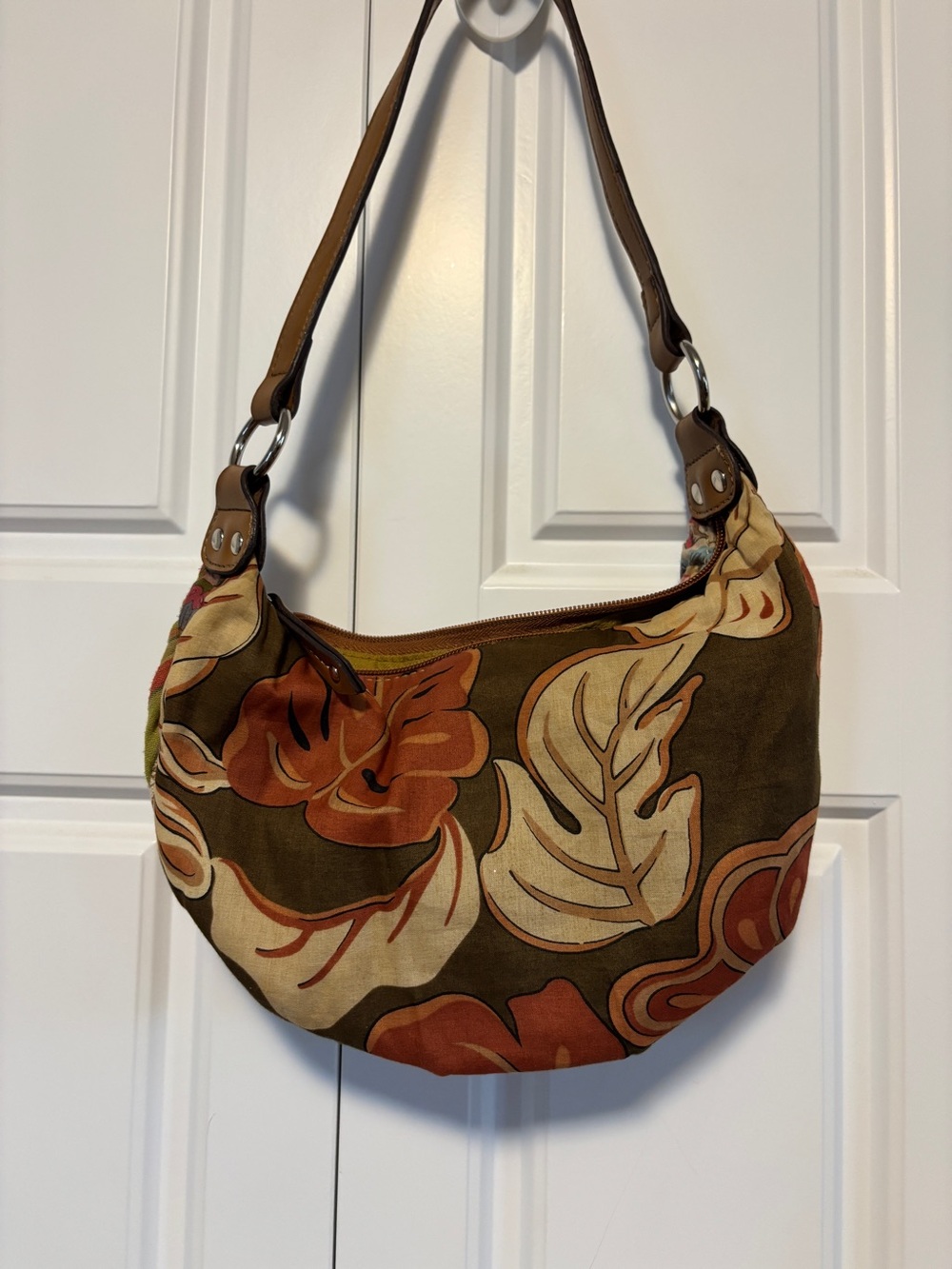vintage Relic floral patchwork canvas and leather handbag.